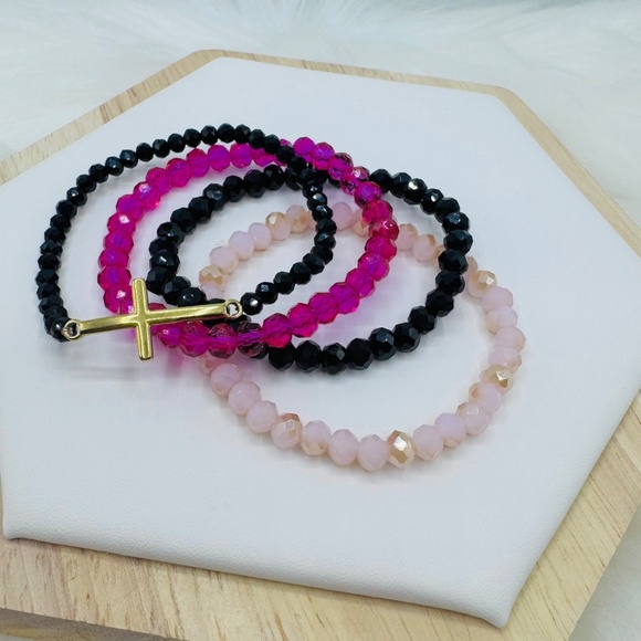 Stainless Steel Cross beaded Arm Candy Bracelet - Black Pink theme - Picture 3 of 5